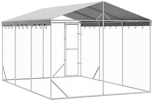 Hommdiy Hundezwinger Outdoor Große mit Dach,Hundekäfig Hundehaus für große Hunde, Hundehütte Silbern 3x4,5x2,5m Stahl Verzinkt