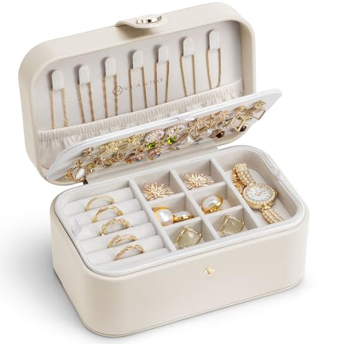 VLANDO Schmuckkästchen Reise, Schmuckaufbewahrung mit 2 Etagen, Abnehmbar | Geschenk für Damen, Schmuckkasten Klein Für Ohrringe,Halsketten,Ringe, Weiches Samtfutter, Beige