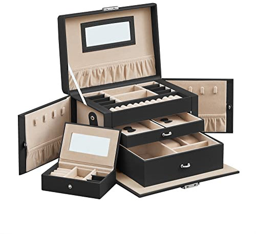 SONGMICS Schmuckkasten, Schmuckkästchen mit 2 Schubladen, abschließbarer Schmuck-Organizer mit Spiegel, herausnehmbare Reise-Box, für Ringe, Armbänder, Ohrringe, Samtfutter, schwarz JBC121B