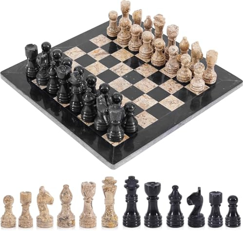 Premium handgjord schackset i svart och korall marmor 12 tum – lyxigt schackbräde och delar för vuxna, 2 spelare strategispel och heminredning