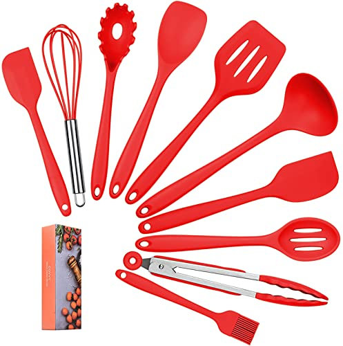 Utensili da cucina in silicone domestici di Lysport (10 pezzi) Utensili di cottura e cottura resistenti al calore Non Stick - Non Scratch Utensili da cucina Cucina buona Helper (Rosso)