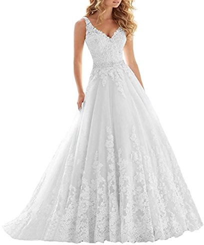 XUYUDITA Vestido de Novia de Encaje Cuello en V con Cuentas de Vestidos de Novia Appliques Correas Vestido de Novia Blanco-46