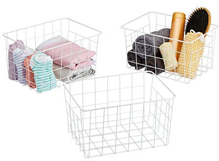 Relaxdays 3 Cestas Metálicas Rejilla Alambre, Canasto Ordenación, Caja Almacenaje, 15,5 x 28 x 20 cm, Blanco