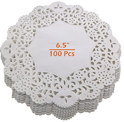 BaiJ Dentelle Napperons Papier,100 PCS Napperon Papier Rond Décoratif Blanc Gâteau Emballage TamponJetable Sous-verres pour Desserts Biscuits Produits Mariages Fête D'anniversaire Décoration 6,5