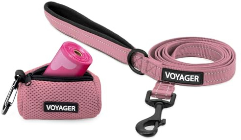 Voyager Reflektierende Hundeleine mit Neoprengriff und wiederverwendbarem Mesh Dispenser-Kotbeutel-Halter by Best Pet Supplies, Rosa, size S