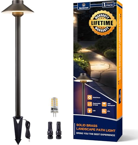 Gardenreet Outdoor Brass Pathway Lights - Low Voltage Landscape Path Lighting Wired, 12v Pathlight LED IP65 Waterproof, Hat-top Bronze for Outside Walkway Yard with 3W 270LM 2700K Warm White G4 Bulb