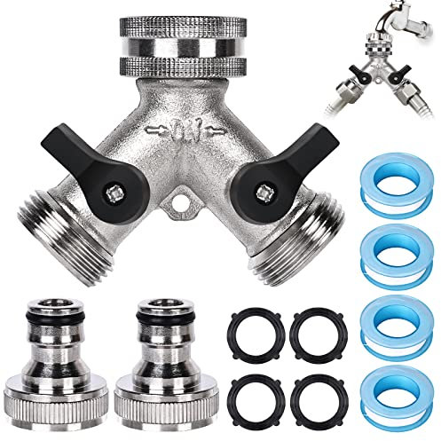 Vegena Robinet Double Sortie, 2-Voies Y-Distributeur, Double Sortie Tuyau Arrosage, Adaptateur Tuyau Arrosage de 3/4, Robinet Double Machine a Laver, avec Répartiteur de Tuyau, Rondelles et Un Ruban
