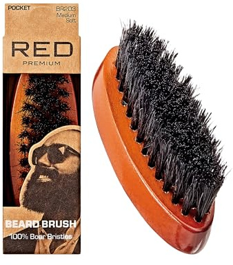 Red by Kiss Beard Brush with 100% Natural Boar Bristles for Men, Premium Wooden Brush, Beards Mustaches Grooming Shaving Comb, Tame and Soften Facial Hair (Pocket)