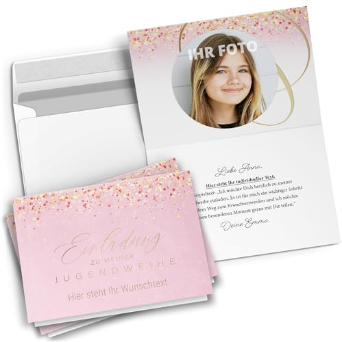 10 personalisierte Jugendweihe Einladungskarten mit eigenem Text und Foto - Rosa Konfetti Mädchen - Einladungen mit Umschlägen