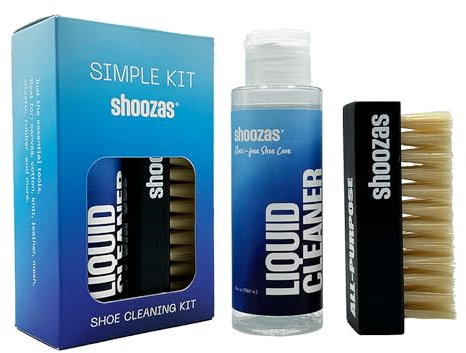 Shoozas - Kit Semplice per la Pulizia delle Sneakers - Detergente Liquido e Spazzola Multiuso - Ideale per Tela, Maglia, Punto, Cotone, Pelle, Gomma, Vinile - Formula Senza Tossici