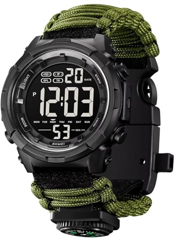 findtime Montre militaire pour homme - Montre numérique militaire - Montre numérique - Montre numérique - Étanche - Chronomètre - Chronographe - Pour homme et garçon, Corde vert armée, bracelet
