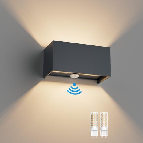 Klighten 18W Außenwandleuchte mit Bewegungsmelder Innen/Außen 3000K Außenlampe mit Bewegungsmelder Wandlampe Einstellbar Abstrahlwinkel, mit Austauschbarer G9 LED Lampe (Anthrazit)