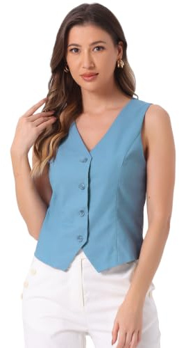 Allegra K Blazer sans Manches Femme Gilet Boutonné de Bureau Col en V Veste Courte de Costume d'affaire Bleu Clair XL