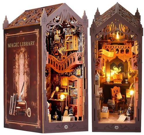 DIY Book Nook Kit, Casa de Muñecas en Miniatura de Madera con Muebles y Luces LED Casa de Muñecas con Cubierta Antipolvo y Luz LED Biblioteca Magica