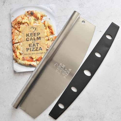 Pizzaschneider Keep Calm and Eat Pizza mit hochwertigem Rezeptheft, Pizza Schneider aus Edelstahl, Pizzamesser, scharfe Edelstahlklinge 35cm, Pizza Wiegemesser, mix dich glücklich