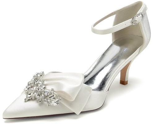 IvoireCh Zapatos de tacón de novia de cristal para mujer, zapatos de boda con correa al tobillo, puntera cerrada, elegantes zapatos de vestir para novia, baile de graduación y cócteles, Marfil blanco