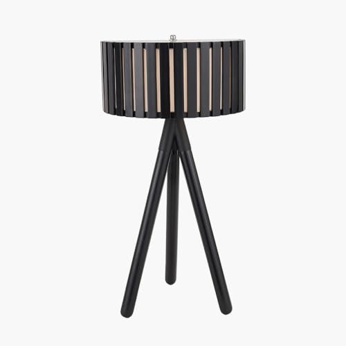 Pacific Lifestyle Black Slatted Wooden Tripod Table Lamp | Antique Wood Desk Table with Tripod Base | Modern Designer Lighting with Soft Diffused Light | Stylish Soft Glow Round Bedside Lamps (Black)