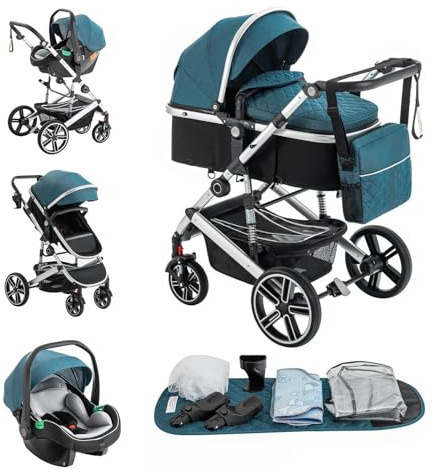 Kakbgee 3 in 1 Passeggino Combinato, Passegginoper Bambini con ECE R129 Seggiolino Auto, Telaio in Alluminio ad alto Campo visivo Baby Stroller (22KG, 0-4 Anni)
