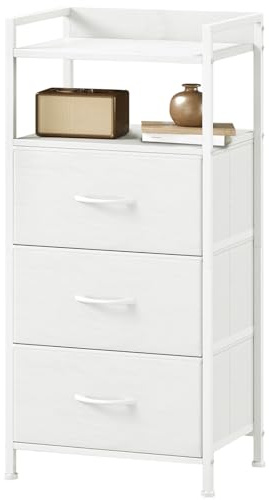 Somdot Nightstand with 3 Drawers, Dresser with Fabric Bins for Bedroom, Hallway, Entryway, Night Stand Bedside Table Furniture, Sturdy Steel Frame, Wooden Top, Easy Pull Fabric Bins, White Leather