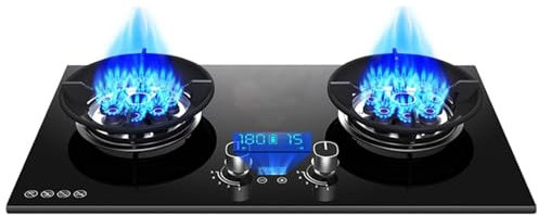 THEGA Cooker A Gas Interno - 5.2kw 2 Stufa A Gas Bruciatore, 9 cavità A Cronometrare Il Fuoco Alto, Pentola A Gas in Vetro Temperato, Stufa A Doppio Bruciatore A Casa con Funzione Timer(LPG)