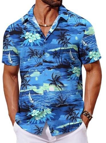 COOFANDY Hawaii-skjorta, män, sommarskjorta, kortärmad, strandskjorta, semester, Hawaii-skjorta, blommor, skjorta, Aloha, herrskjortor, festskjorta, Palm blå-b, XL