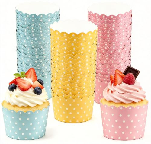 150 Stück Muffinförmchen Papier, Polka Dots Cupcake Förmchen, Muffins Papierförmchen für Backtage Geburtstage Hochzeiten Partys Halloween Rosa Blau Gelb - Kleine Größe (6 × 5 × 4.7cm)