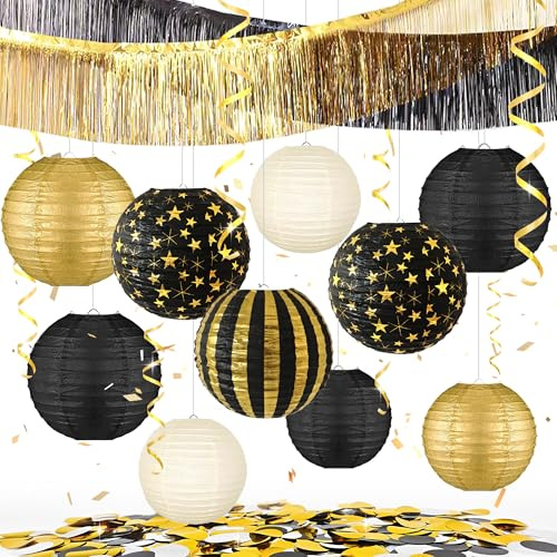 YBwanli geburtstagsdeko schwarz gold set, schwarz gold Papierlaternen party deko,silvester deko, Papierlampions/Lametta Vorhang/Konfetti