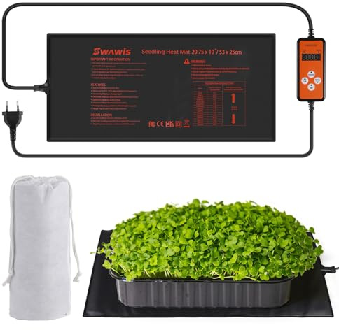 SWAWIS Värmematta för Växter 55W, 52,7x25,4 cm, med Integrerad Termostat 5-45°C, IP67 – För Fröskapning, Särlingar, Terrarier & Husdjur