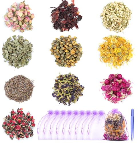 Weysoo 10 Beutel Getrocknete Blüten Set für Seife Selber Machen | Natürliche Getrocknete Kräuter, Viele Trockenblumen Blütenblätter Kit für DIY Seifenkerze Kerzenherstellung Harz Zubehör