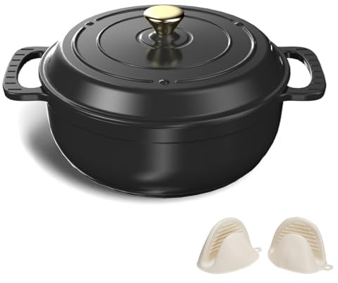 Bonnlo Enameled Cast Iron Round Pot, 27cm/5.6L Dutch Oven Cookware with Lid, Silicone Gloves, Heavy-Duty Pre-Seasoned Cookware for Bread Baking, Braising, Stews, Roasting - Black, 6QT