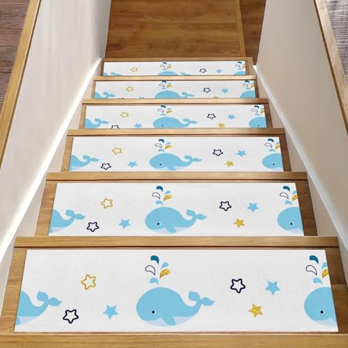 RODAILYCAY Whale Star - 15 tappetini per scale, 76 x 20 cm, per gradini in legno per interni, antiscivolo, bordatura, tappeto per bambini, anziani e cani