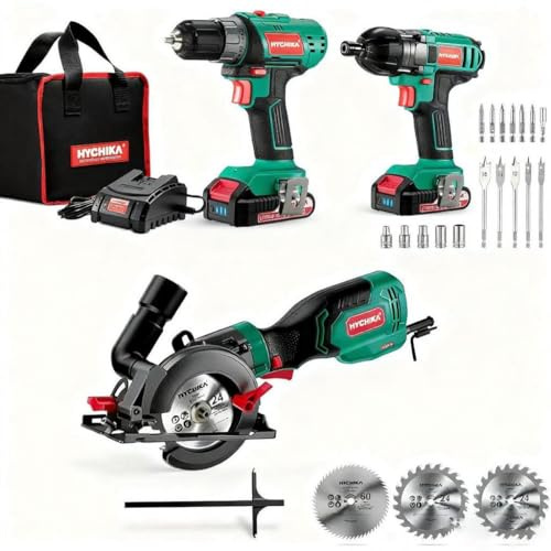 HYCHIKA Power Tool Combo Kit, Screwdriver 35 N.m + Impact Driver 160 N.m + 750W Mini Circular Saw Corded with 3 Blades, Power Tools Set for Home Garden Outdoor