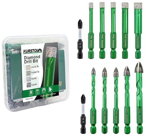 KURSTOL Diamond Drill Bits Set 12pcs, 3/16 - 3/8 Tile Drill Bit with PH2 Screwdriver Bit for Porcelain Tile Ceramic Stone Granite Marble, Quick-fit Hex Shank
