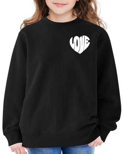 Mjjsk Flickor rund hals sweatshirt hjärttryck långärmad tröjor barn mode Preppy pullover toppar barn vardag komfort mjuka kläder, Svart, 11-12 Years