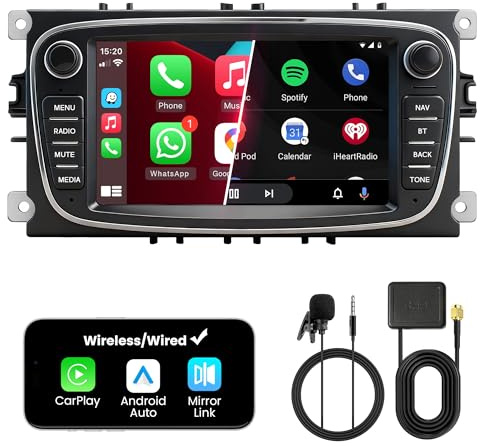FLUXEONS Doppel DIN Autoradio mit Bildschirm für Ford Mondeo Focus S-Max Galaxy, Wireless CarPlay & Android Auto, 7 Auto Radio Touch Display, 4GB+64GB, Bluetooth 5GHz WiFi DAB+ FM AUX GPS