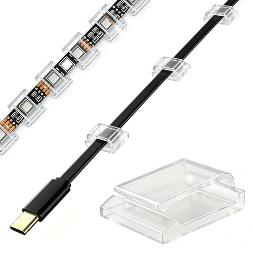 KLJ Kabelhalter selbstklebend Kabelclips Led Streifen Halterung 50 Stück | Transparent kabelclips für Kabelmanagement, Flachkabel-Clips für Schreibtisch, Flachbandkabel-Clips für Lichterkette