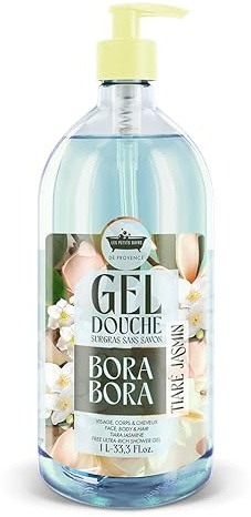 Les Petits Bains de Provence Gel Douche 1L Bora Bora Tiaré Jasmin Surgras Sans Savon pH Neutre Visage Corps Cheveux +96% Naturel Made in France Série Limitée Road Trip