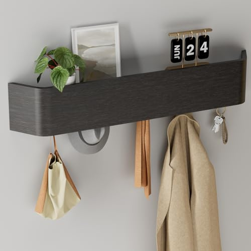 Huracan Wandgarderobe Modern mit Ablage 57cm, Holz Garderobenleiste Wand mit Versteckten Haken, Design Kleiderstange Wandmontage Eiche, Garderobe Metalloptik für Diele, Flur & Wohnzimmer, Schwarz