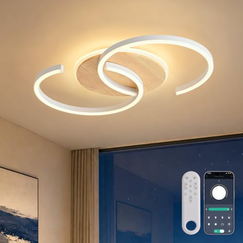 LED Deckenlampe Holz dimmbar, Weiß „S“ 2-Ringe Modern Deckenleuchte, 40W 60cm 4000lm 3000K-6000K mit Fernbedienung/Mobile APP, Wohnzimmerlampe, Schlafzimmerlampe, Mit Memory-Funktion, 4W Nachtlicht