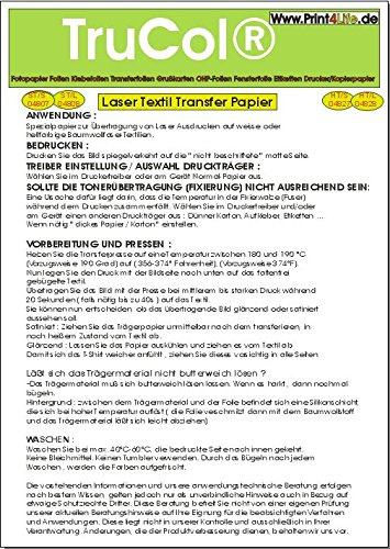 25x Din A4 Laserdrucker Farblaser Kopierer Transferfolie/Transfer Papier/Spezialpapier zum Bedrucken von weissen und Hellen T-Shirts, Baseball-Caps und Anderen Baumwoll-Textilien. High Heat
