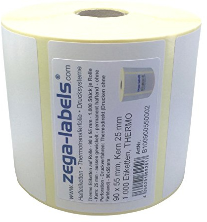 Thermo Etiketten auf Rolle - 90 x 55 mm - 1.000 Stück je Rolle - Kern: 25 mm - aussen gewickelt - permanent haftend - Druckverfahren: Thermodirekt (Drucken ohne Farbband)