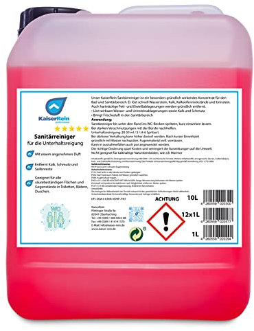 KaiserRein Profi Sanitärreiniger Badreiniger 10 L Kanister rot Kalk-Reiniger Bad Reiniger, Toiletten-Reiniger, Kalklöser, frischer Duft, für Fließen und Flächen