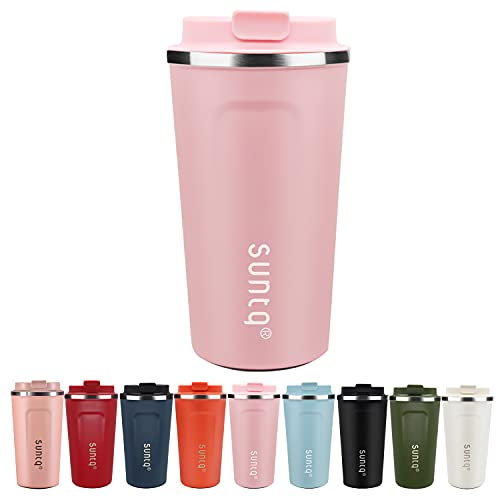 SUNTQ Reusable Coffee Cups Travel - Coffee Travel Mug with Leakproof Lid Stainless Steel Coffee Travel Cup (Pink, 18oz/510ml)
