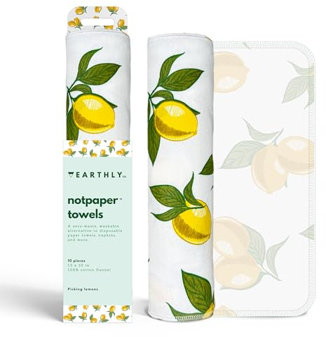 Earthly Co. Reusable Paper Towels - 10 Pack - Roll of Washable Cotton Cloth Paper Towels - Paperless Reusable Napkins Cloth Washable - Absorbent + Long Lasting - Zero Waste Products - (Lemon)