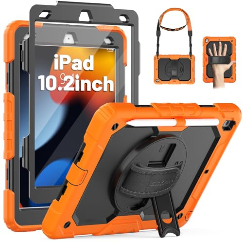 SEYMAC Hülle für iPad 9./8./7. Generation (10,2 Zoll), Stoßfeste Hülle mit Displayschutzfolie, Drehbarer Ständer/Handschlaufe, Schultergurt, Stifthalter für iPad 10.2 2021/2020/2019, Orange