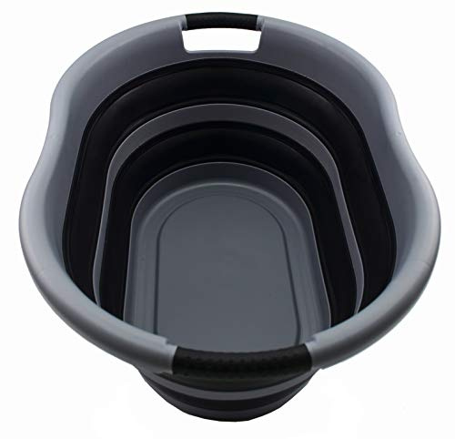 SAMMART 36L Collapsible Plastic Wäschekorb - Ovale Wanne/Korb - Faltbarer Vorratsbehälter/Organizer - Tragbare Waschwanne - Platzsparender Wäschekorb, Wasserkapazität: 28L (1, Grey/Black)