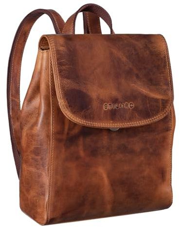 STILORD Hazel Frauen Rucksack Elegant Leder Daypack Kleiner Lederrucksack Vintage Cityrucksack Rucksackhandtasche für 13,3 Zoll MacBook Echtleder Farbe:Kara - Cognac