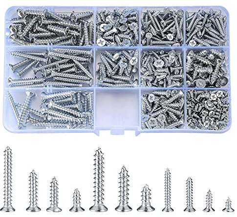 Ewwtrey 537 Stk M3 M4 M5 Selbstschneidende Schrauben Sortiment, verzinktes Kreuz Flachkopf Senkschrauben Set, Holz Maschinen Befestigungs Schrauben für Heimwerker - 11 Größen (Silber 537)