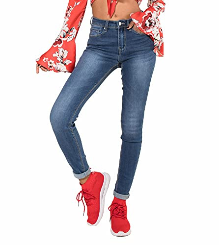 Nina Carter P076 dam skinny fit jeans hög midja jeans push-up stretch använd look denim byxor, Blå (P076-1), L (Smal)