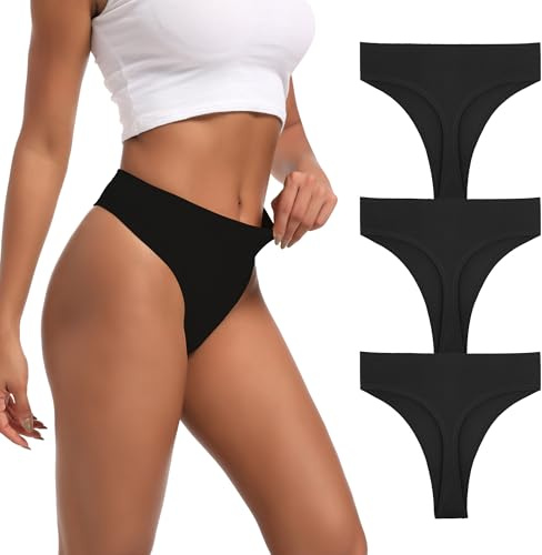 Xlndsoea High Waisted Thongs Underwear for Women Stretchy Ribbed Cotton Black Panties Breathable High Cut Underwear 3-Pack